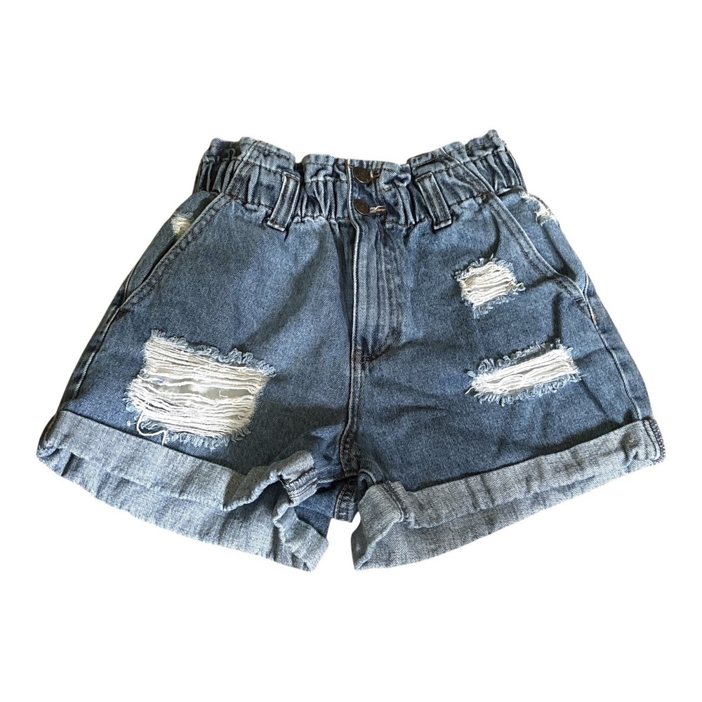 Forever 21 High-Waist Distressed Denim Paperbag Shorts, Small, Festival, Y2K
